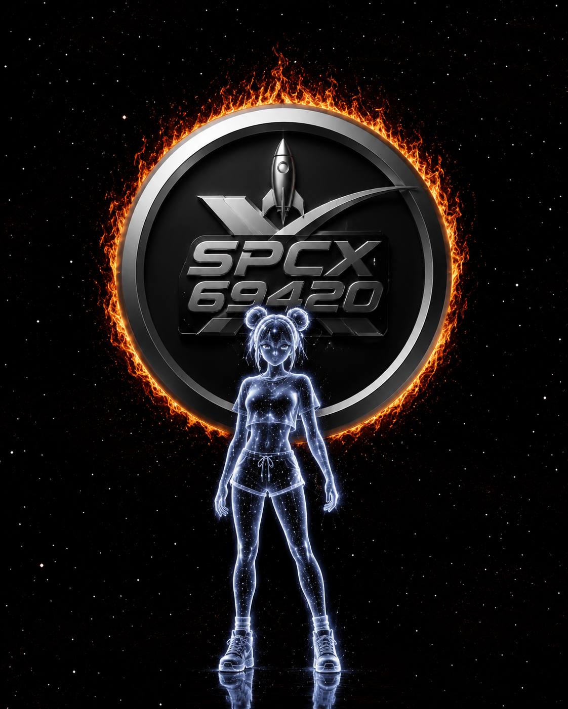 Cosmic character in front of the SPCX69420 emblem
